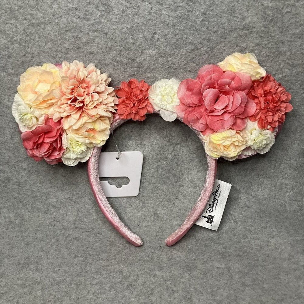 NEW Disney Parks Floral Minnie Mouse Pink & Coral Flower Ear Headband Spring